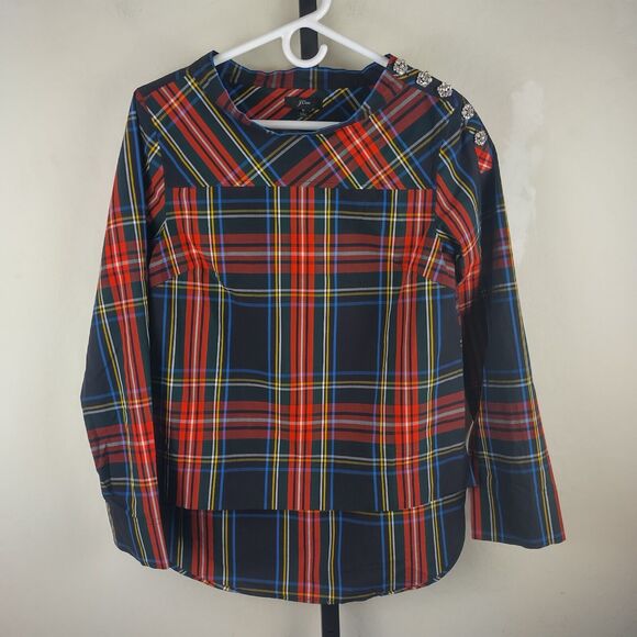 J Crew Funnelneck Shirt in Stewart Tartan Plaid Jeweled Rhinestone Button - Picture 2 of 9
